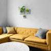 Three unique wall planters of various sizes displayed above a yellow couch in a Modern home.
