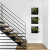 Three black wall planters hanging in a row on a wall  near a metal staircase.