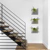 Three stacked gray wall planters holding house plants near metal staircase. 